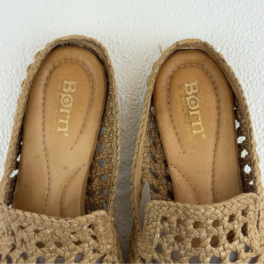 Born Woven Mule Slides Tan Leather Gold Shimmer Comfort Shoes Size 7M - Picture 6 of 8